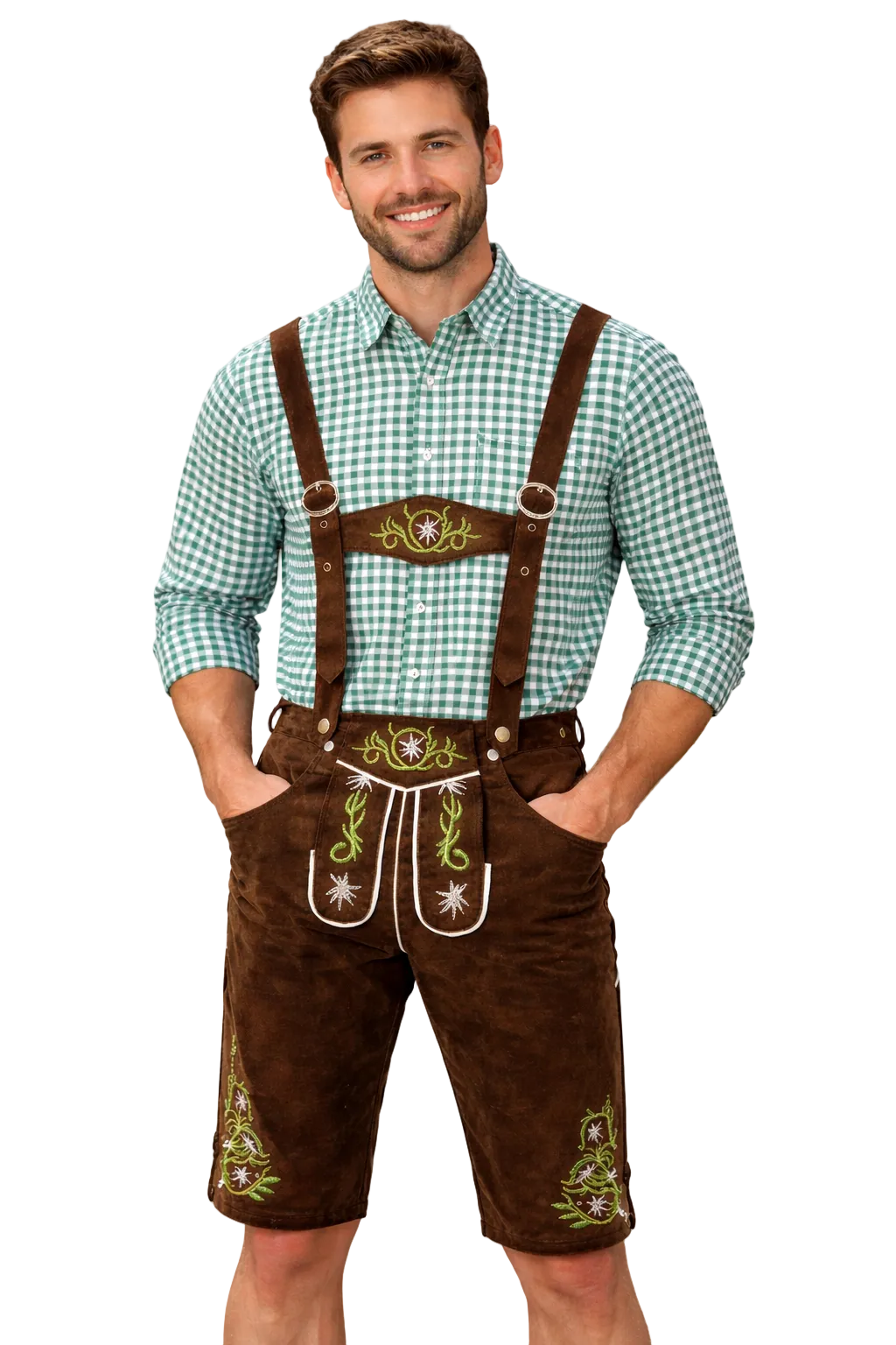 Smiling man in dark brown suede-look lederhosen with green edelweiss embroidery, worn with a green gingham shirt, against a plain white background. 1