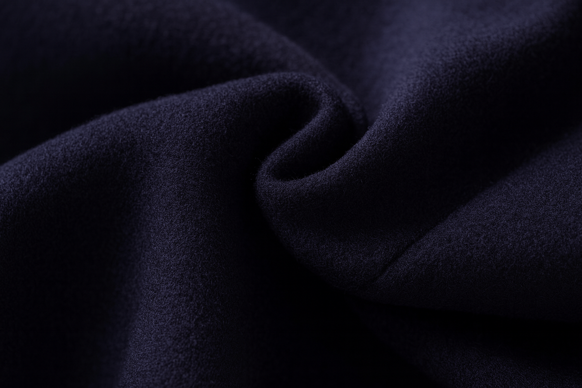 Close-up of soft, brushed navy wool fabric gathered in a gentle fold 11