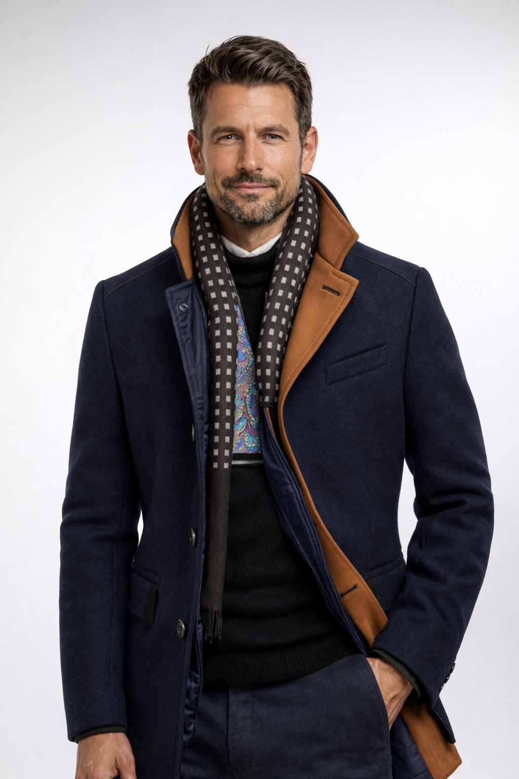 Man wearing the navy coat open over a black jumper, with checked scarf and tan inner collar 12