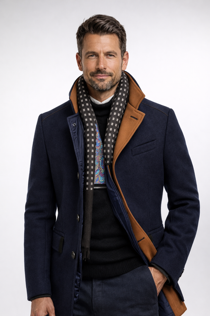 Man wearing the navy coat open over a black jumper, with checked scarf and tan inner collar 12