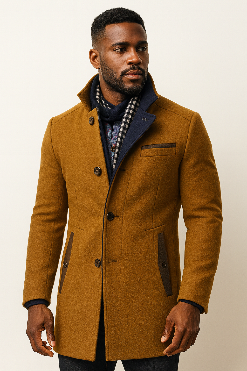 Man wearing the tan coat with brown pocket trim, navy inner collar and checked scarf 15