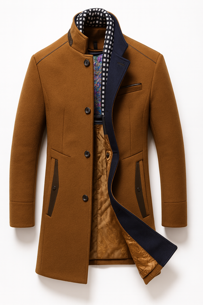 Tan coat laid flat with front unbuttoned, showing paisley lining, navy inner collar and leather-look pocket trim 2