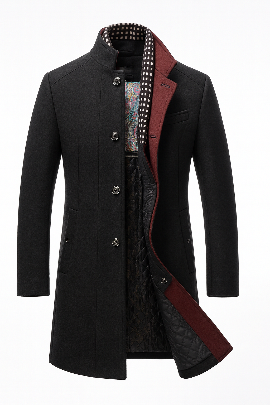 Black coat front view with silver buttons, open to reveal burgundy inner collar and diamond-quilted lining 3