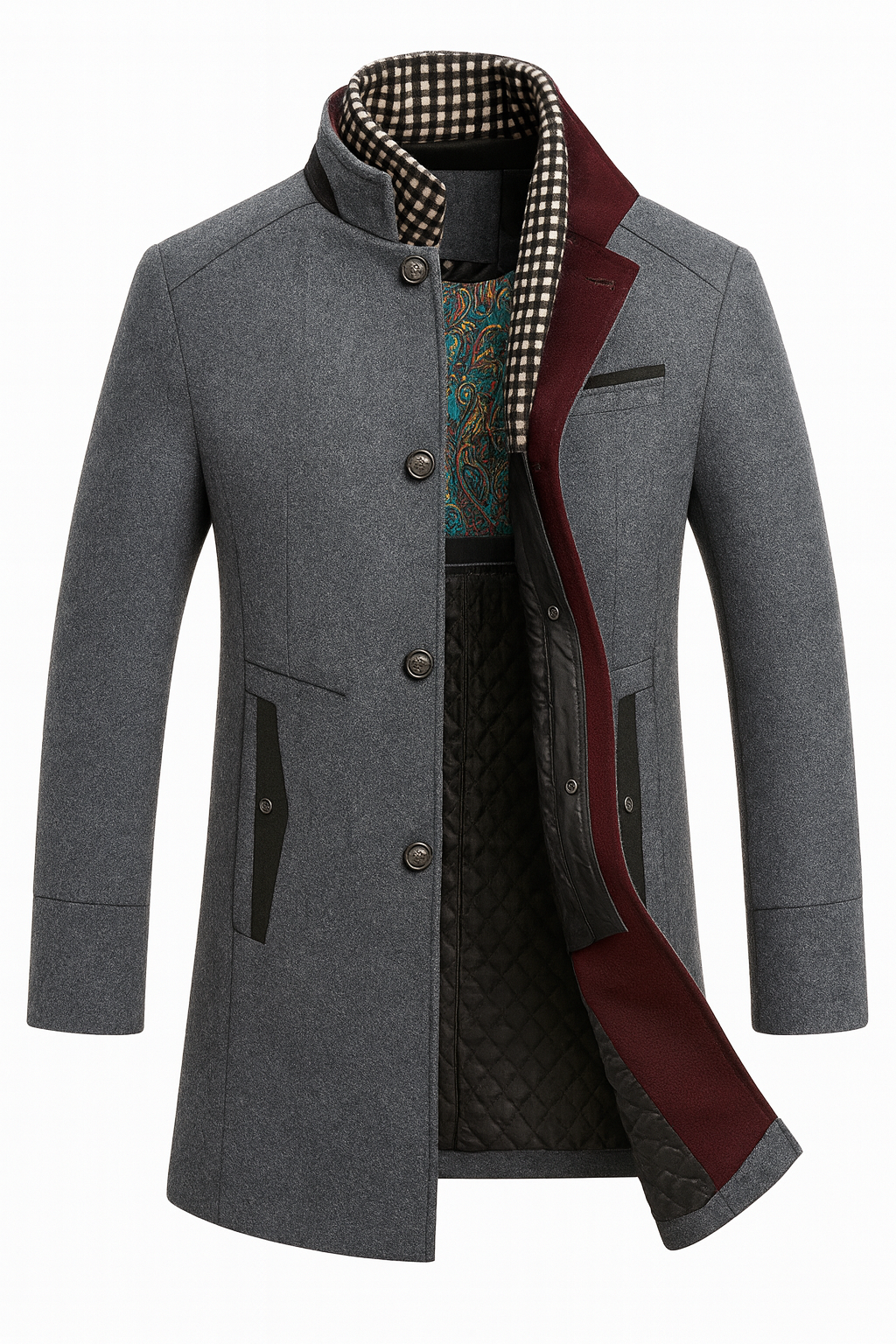 Grey coat front view with black pocket trim, open to show burgundy collar facing and quilted lining 4