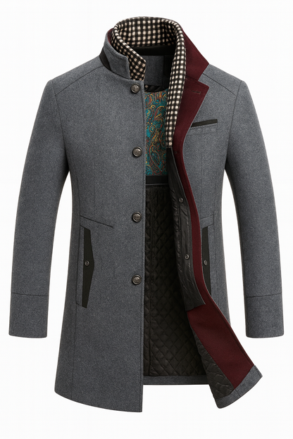 Grey coat front view with black pocket trim, open to show burgundy collar facing and quilted lining 4