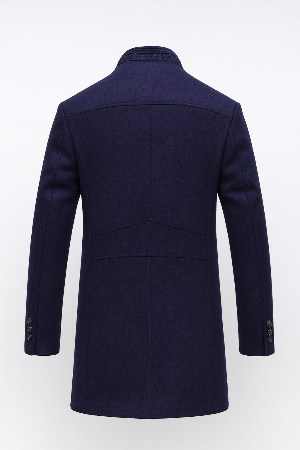 Back view of the navy coat showing panelled seams, a stand collar and three buttons on each cuff 5