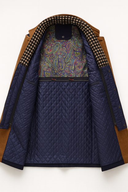 Inside of the coat laid open, showing navy diamond-quilted lining, paisley upper panel and checked collar 6