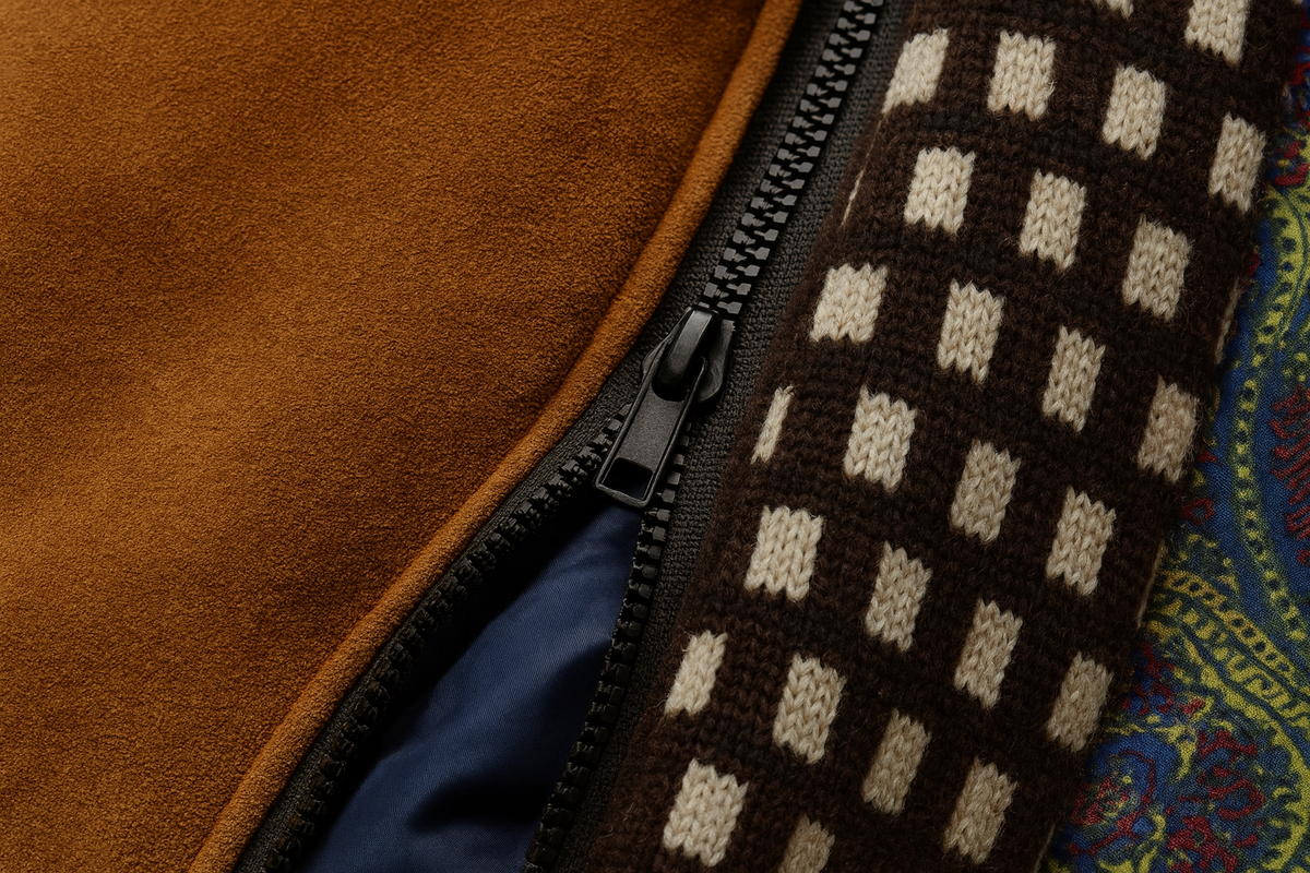 Close-up of a zip beside a brown knitted checked collar and paisley fabric, with navy lining visible 8