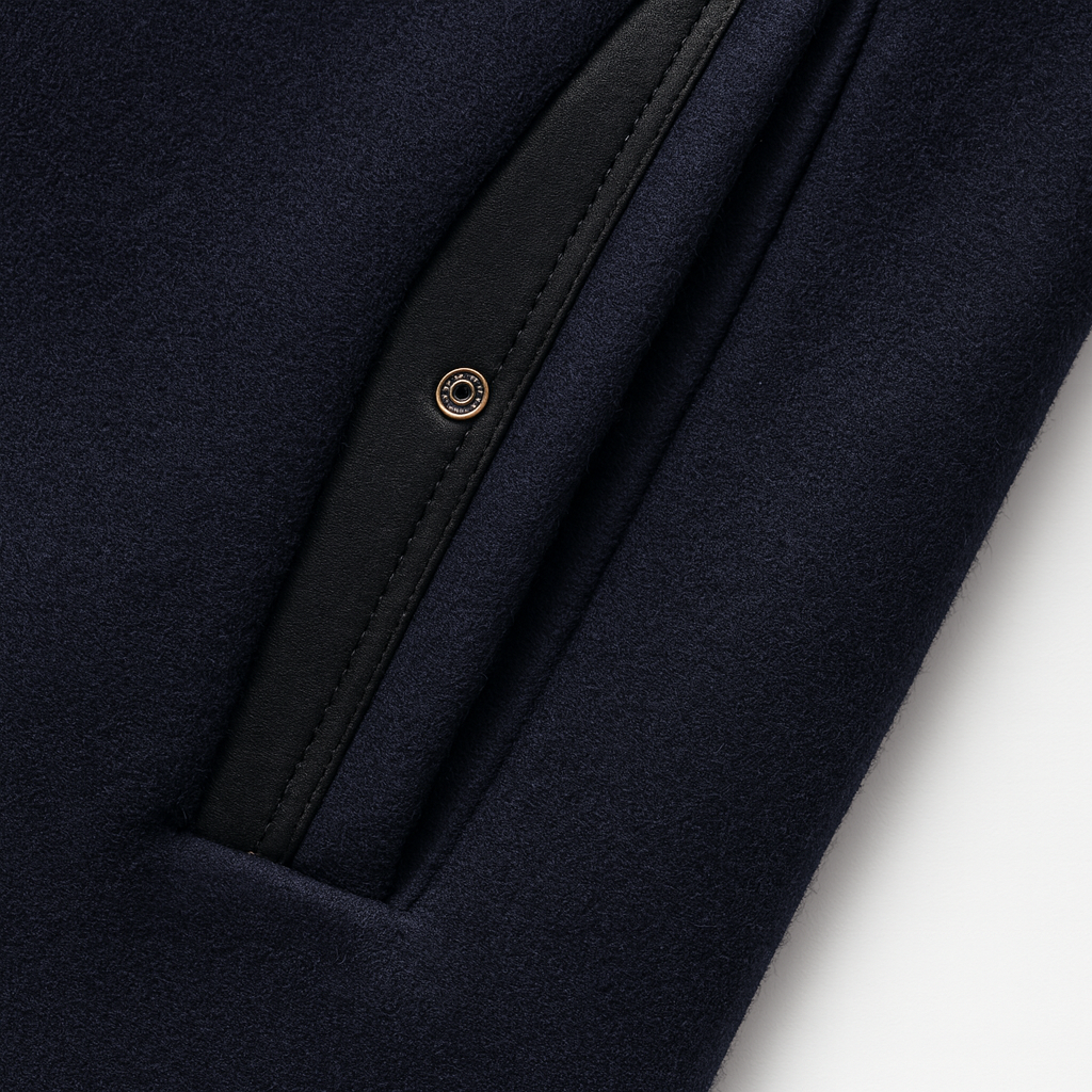Close-up of a navy slanted pocket edged in black faux leather with a small metal snap 9