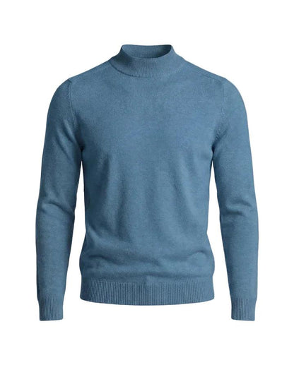 Front view of the jumper in steel blue, showing the ribbed stand-up collar, cuffs and hem 10