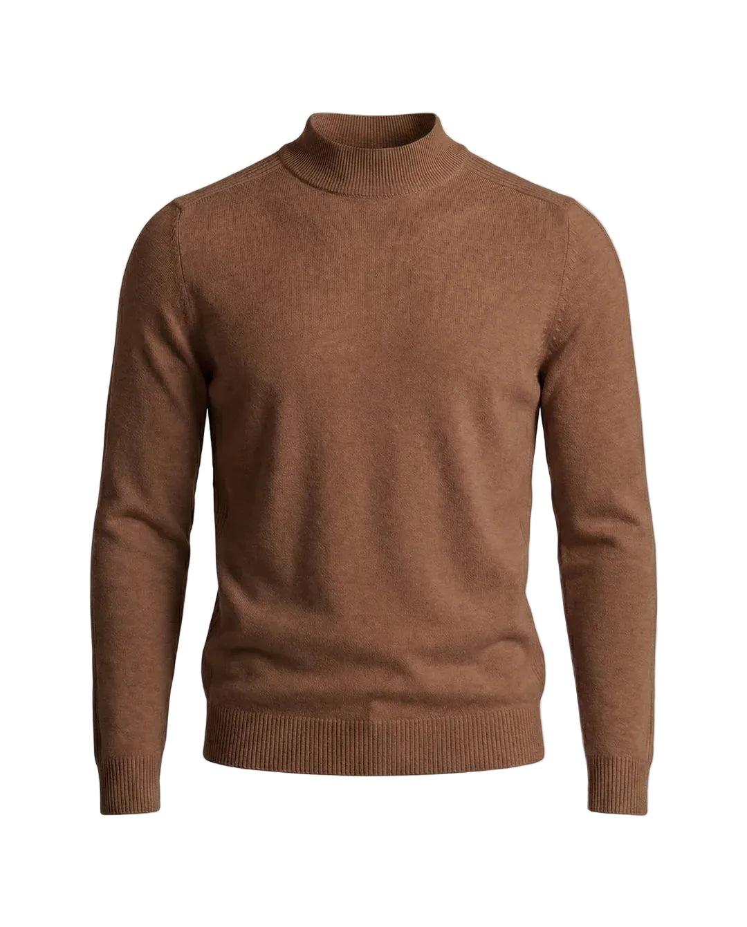 Front view of the jumper in warm brown, showing the ribbed stand-up collar, cuffs and hem 3