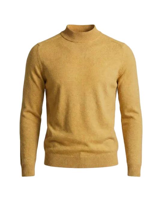 Front view of the jumper in mustard yellow, showing the ribbed stand-up collar, cuffs and hem 4