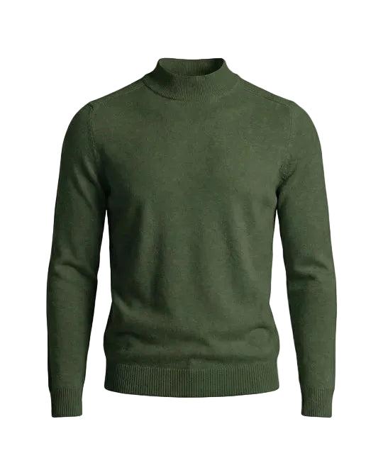 Front view of the jumper in dark green, showing the ribbed stand-up collar, cuffs and hem 5