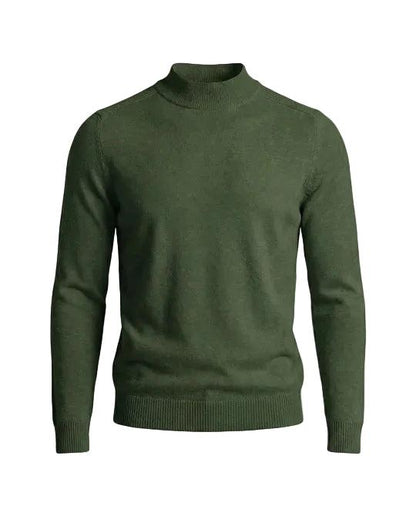 Front view of the jumper in dark green, showing the ribbed stand-up collar, cuffs and hem 5