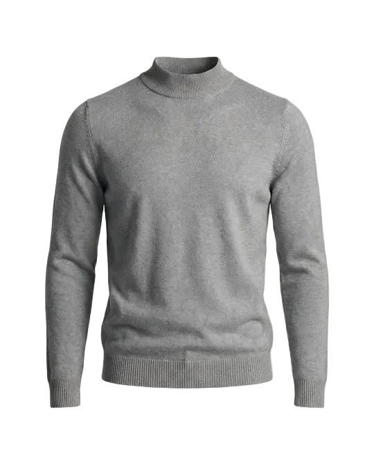 Front view of the jumper in light grey, showing the ribbed stand-up collar, cuffs and hem 6
