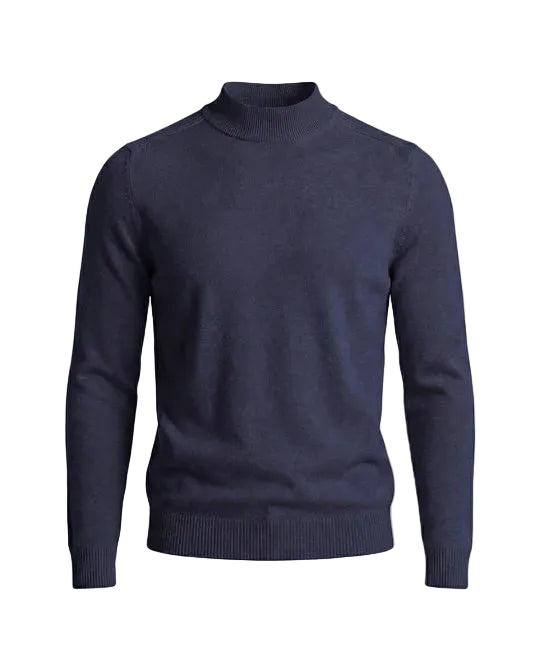 Front view of the jumper in navy blue, showing the ribbed stand-up collar, cuffs and hem 7