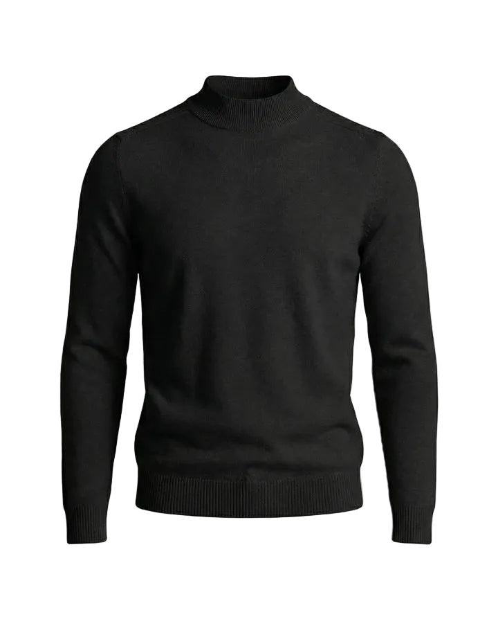 Front view of the jumper in black, showing the ribbed stand-up collar, cuffs and hem 9
