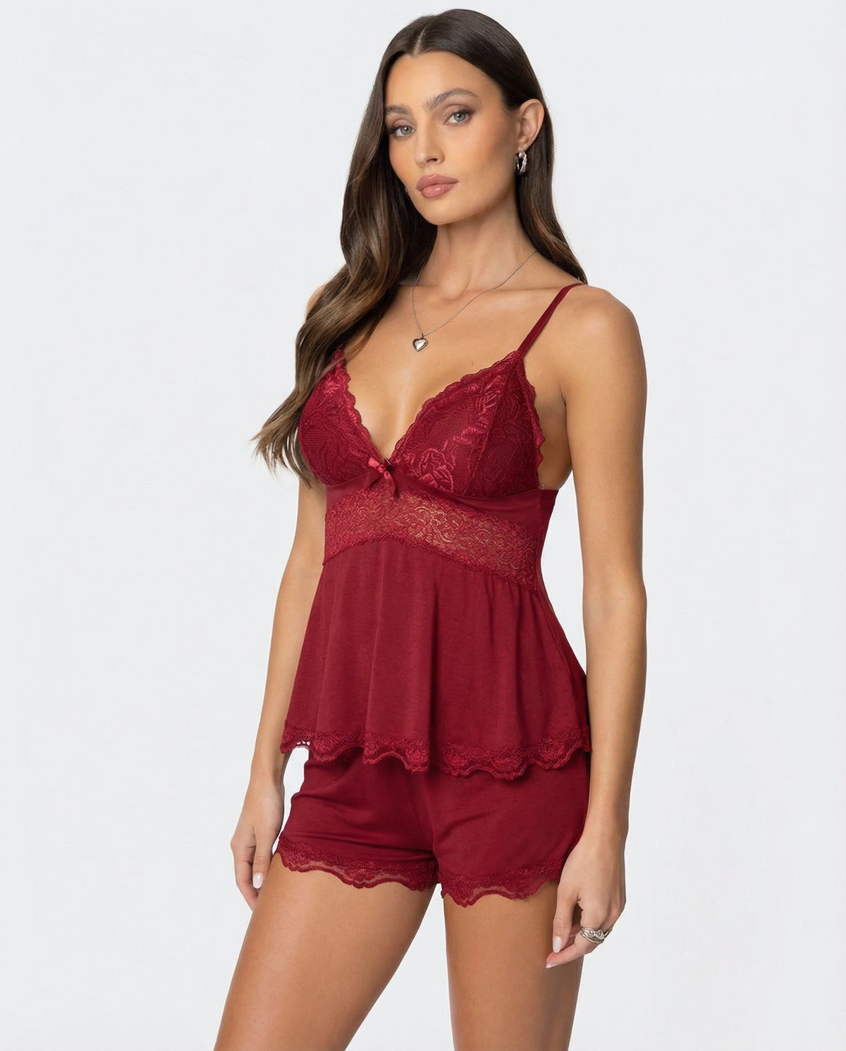Burgundy set worn in a three-quarter view, showing the lace bodice and bow 6