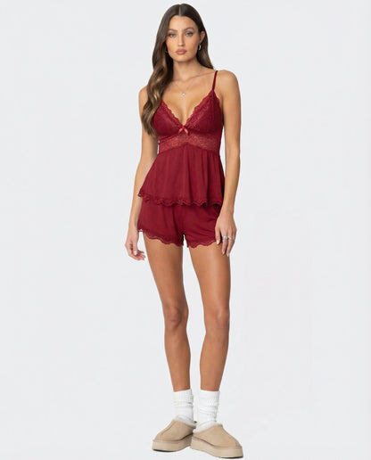 Full-length view of the burgundy set worn with white socks and beige slippers 8