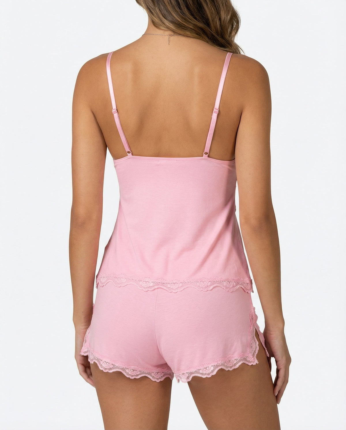 Back view of the pink set, showing adjustable straps and scalloped lace hems 4