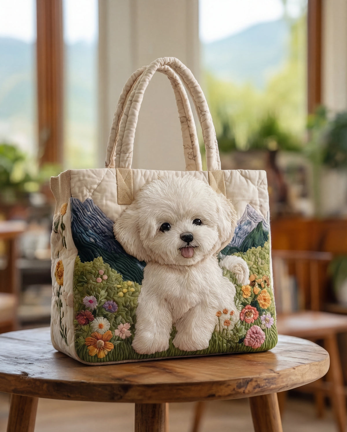 Cream quilted tote with padded handles, a fluffy white puppy in a flower meadow with mountains, standing on a wooden stool 1