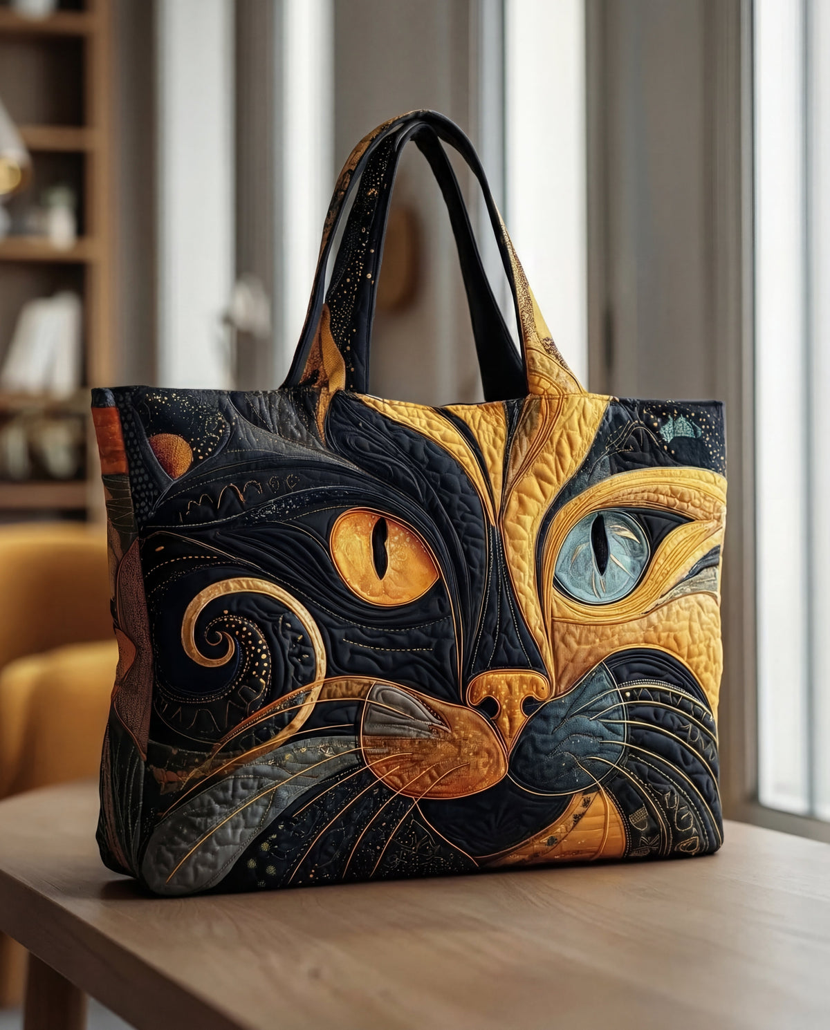 Front view of a quilted tote on a wooden table, with a bold black and golden cat face, one amber eye and one blue. 1