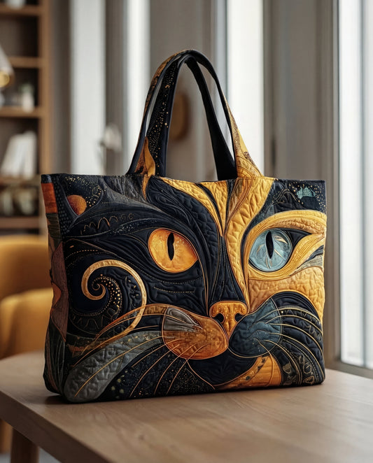 Front view of a quilted tote on a wooden table, with a bold black and golden cat face, one amber eye and one blue. 1
