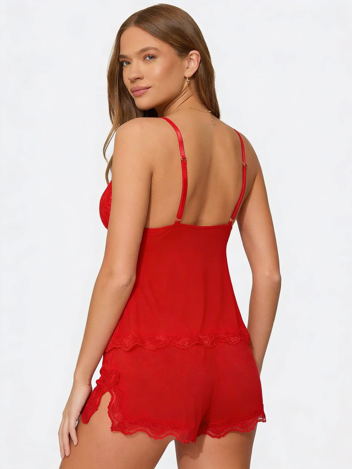 Back view of the red set, showing thin adjustable straps and lace hems on the shorts 23