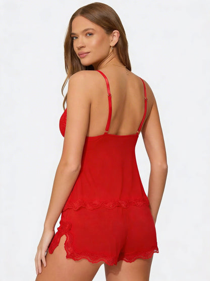 Back view of the red set, showing thin adjustable straps and lace hems on the shorts 23