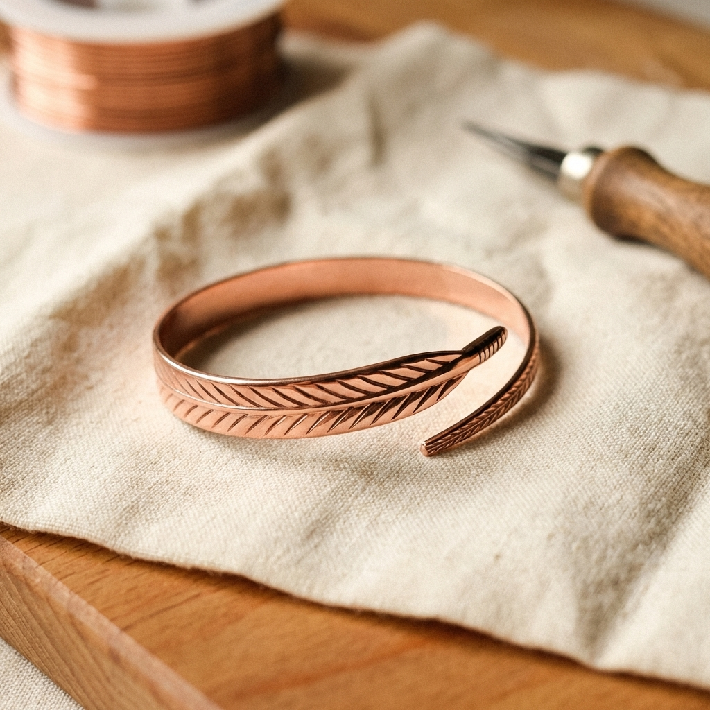 Open copper cuff with a feather-shaped overlapping end and engraved barb lines, resting on a linen cloth beside a spool of copper wire. 1