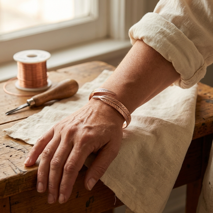 Feather copper cuff worn on a wrist, with a hand resting on a rustic wooden table beside copper wire and an engraving tool. 2