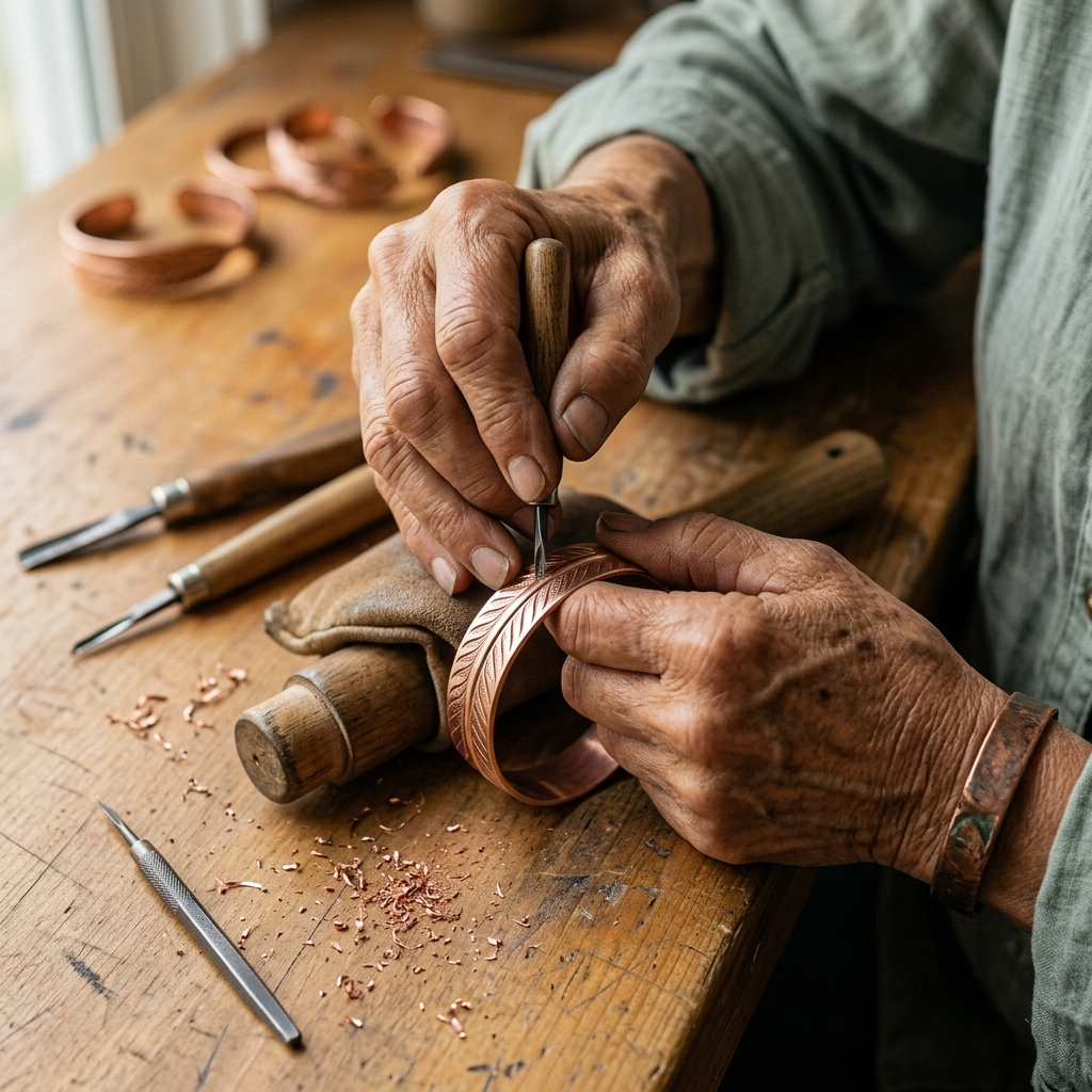 Close-up of an artisan's weathered hands engraving a feather pattern into a copper cuff, with copper shavings and tools on the workbench. 4