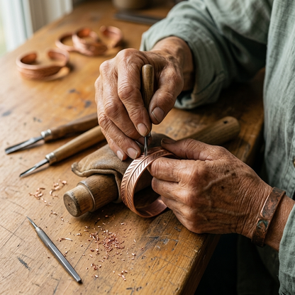 Close-up of an artisan's weathered hands engraving a feather pattern into a copper cuff, with copper shavings and tools on the workbench. 4