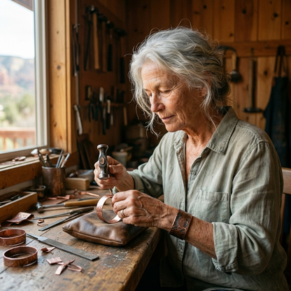 Silver-haired craftswoman hammering a copper cuff on a leather sandbag in her workshop, tools hanging on the wall behind her. 5