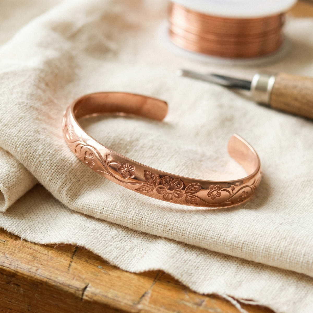 Open copper cuff engraved with flowers, leaves and vines, resting on linen beside copper wire 1
