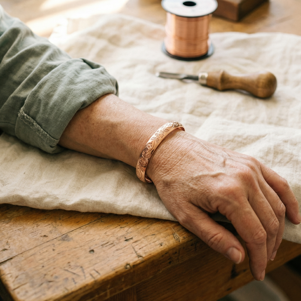 Copper cuff with engraved flowers and vines worn on a wrist resting on a wooden table 2