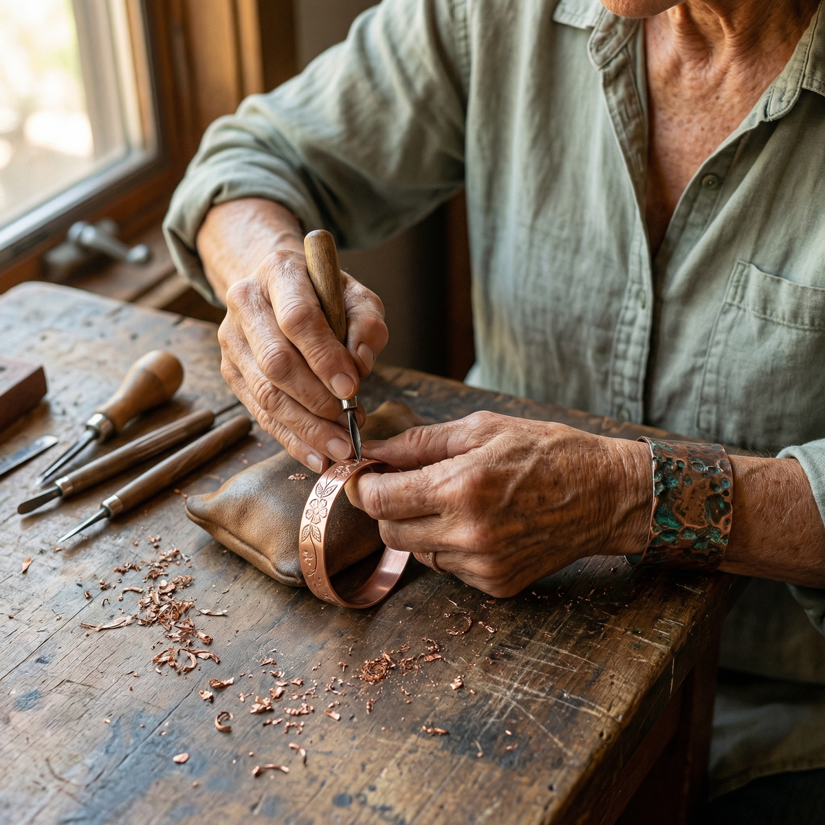 Craftsperson hand engraving a floral pattern into a copper cuff, surrounded by tools and copper shavings 4