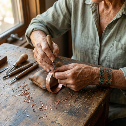 Craftsperson hand engraving a floral pattern into a copper cuff, surrounded by tools and copper shavings 4