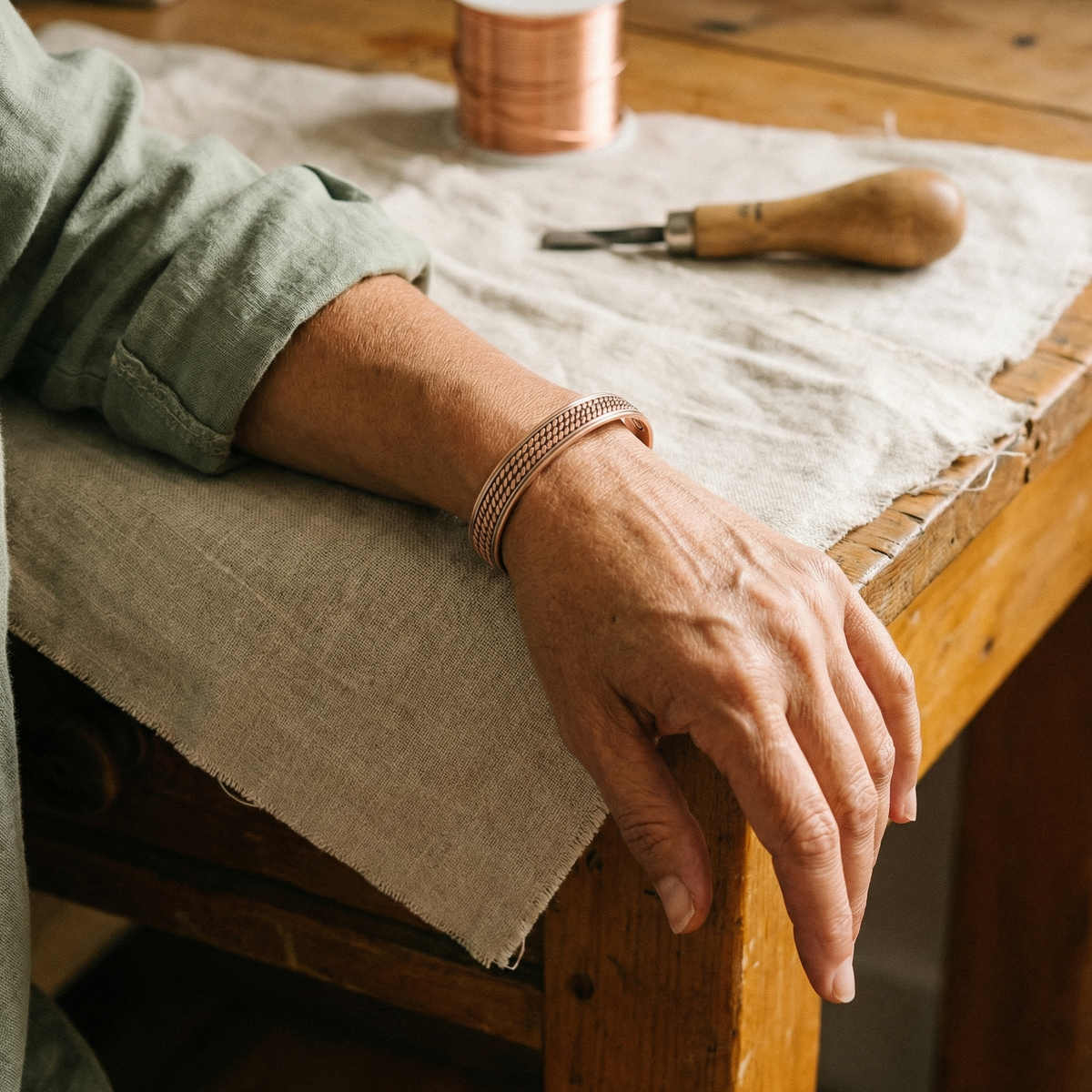 Copper cuff with a rope-style pattern worn on a wrist resting on a workbench 2