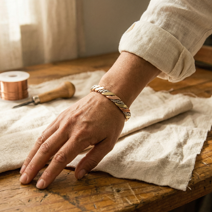 Twisted three-metal cuff worn on a wrist, hand resting on linen beside a wire spool and tool 2