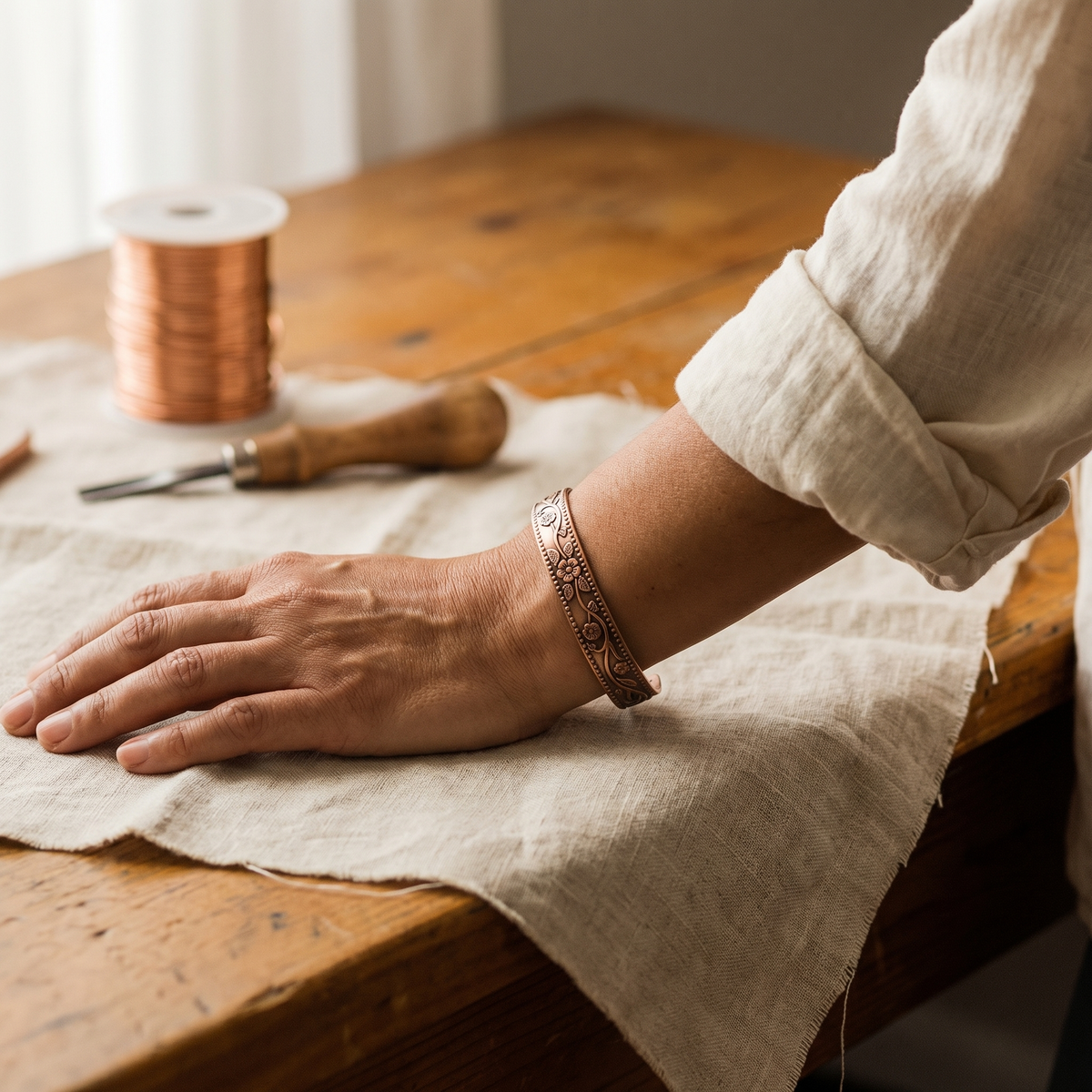 Wrist wearing the floral engraved copper cuff, resting on linen beside a spool of copper wire and a carving tool 2