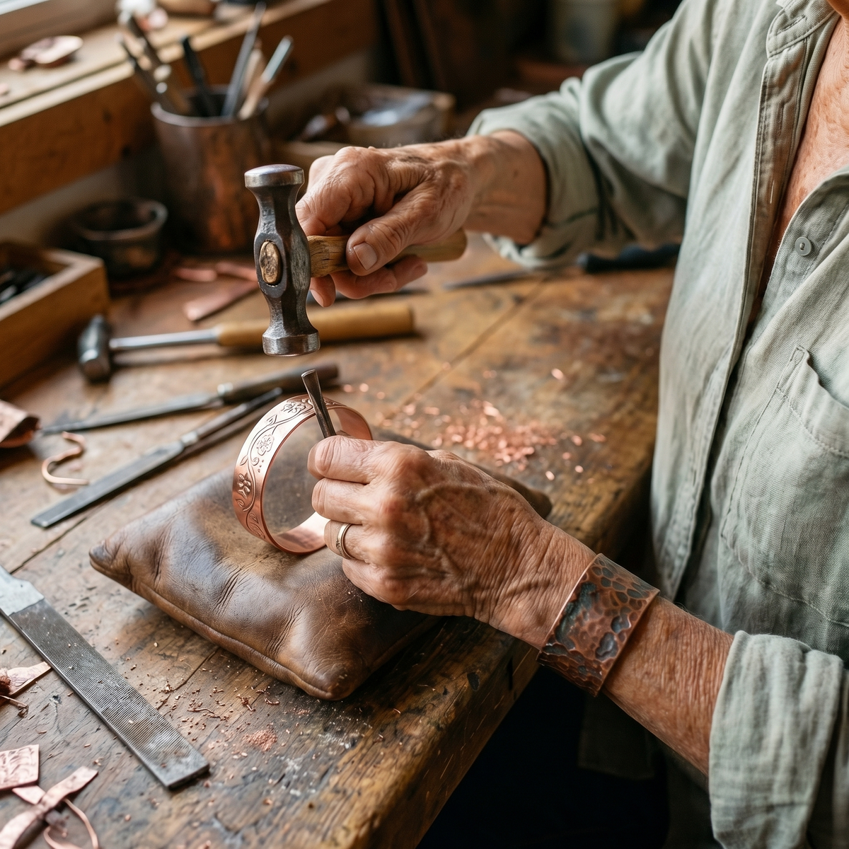 Craftsperson's hands tapping a chisel into a floral copper cuff on a leather cushion in a workshop 4