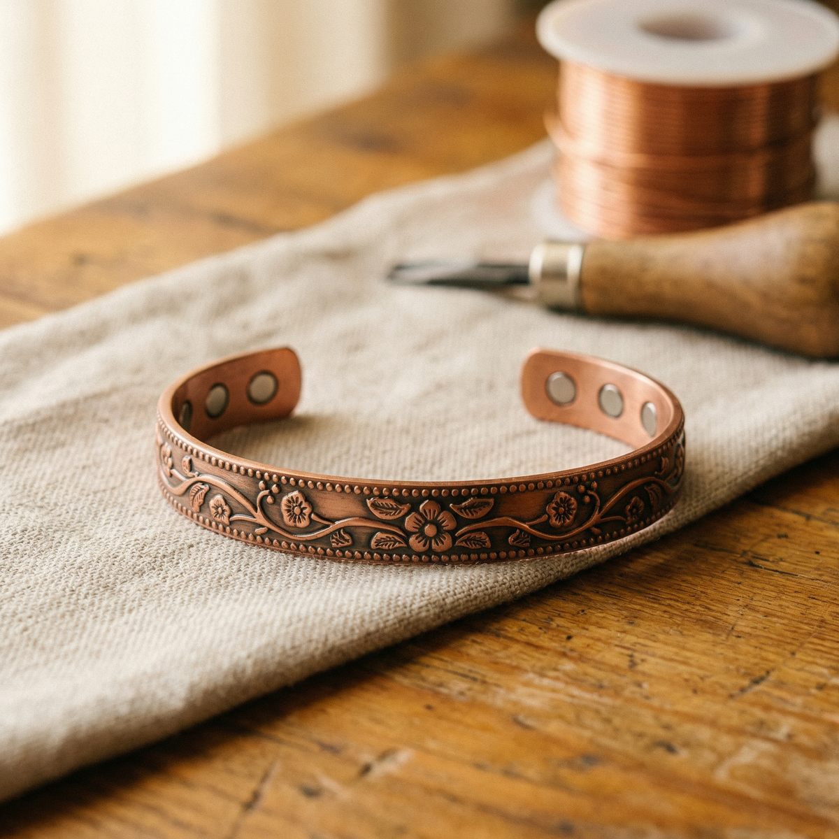 Open copper cuff with engraved flowers, vines and beaded edges, magnets inside, resting on linen beside copper wire 1