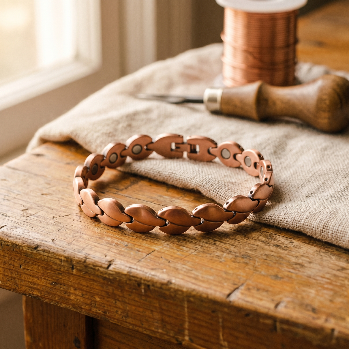Copper link anklet laid in a loop on a worn wooden table, showing the clasp and small round magnets set in the inner links. 2