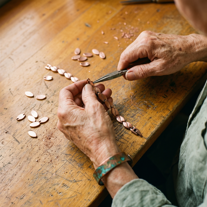 Close-up of an artisan's hands assembling the copper anklet links with pliers, surrounded by loose oval copper pieces and filings. 3