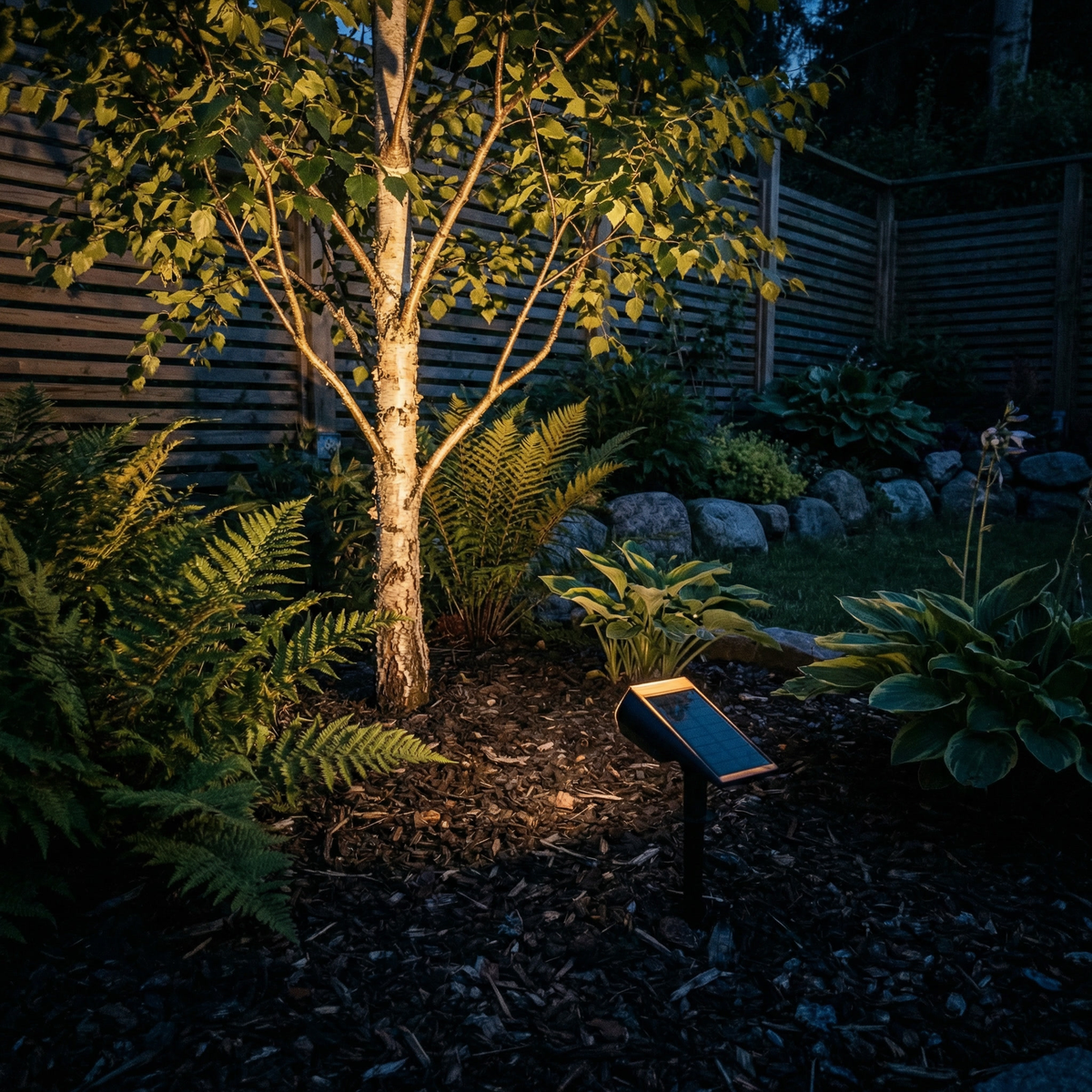 Back view of the stake-mounted spotlight, solar panel facing up, lighting a young birch beside a wooden fence 3