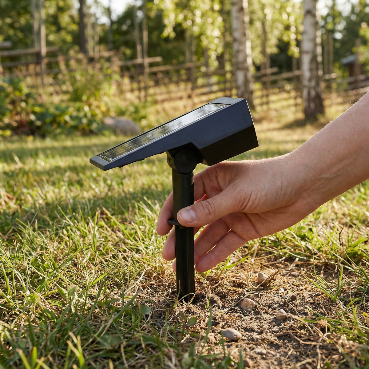 Hand pushing the spotlight's ground stake into grass, showing the tilting solar panel head in daylight 4