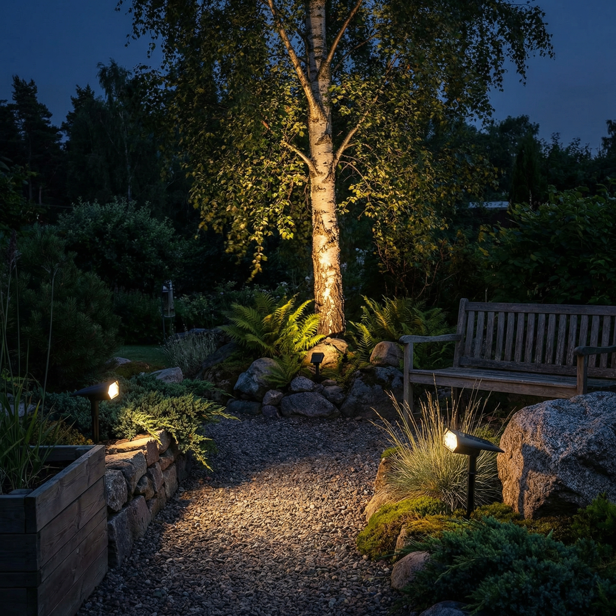 Several spotlights lit at dusk, washing a birch tree, gravel path and rockery with warm light 2