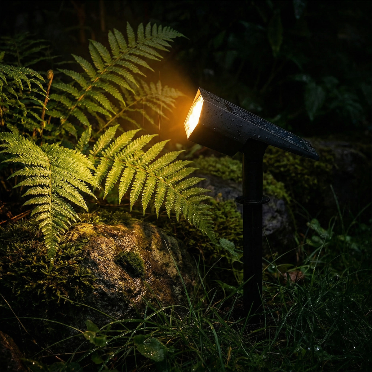 Spotlight glowing amber on a wet night, aimed at ferns, with raindrops on the casing 5