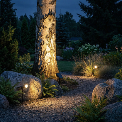 Three lit spotlights around a birch trunk and boulders, with their solar panels visible at dusk 6
